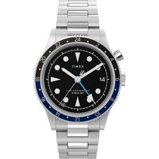 Timex 남성 워터베리 트래디셔널 GMT 39mm 시계 - 스테인리스 스틸 브레이슬릿 블랙 다이얼 케이스