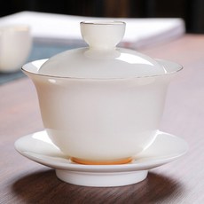 陶瓷手繪三才蓋碗 羊脂玉功夫茶具 家用敬茶碗 可印製LOGO, 靜心蓋碗(純白), 詳情, 1個