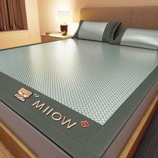 MIIOW 冰絲藤席涼蓆 家用可折疊單人軟席子, 條席款【送枕套】：乖乖熊綠,80CMX190CM