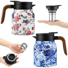 LemonRoad 빈티지 꽃무늬 패턴 찻주전자 2개 인퓨저가 있는 빈티지 찻주전자 뚜껑이 있는 꽃무늬 패턴 찻주전자 뜨거운 음료 커피용 나무 손잡이 보온 카라페, 화이트, 블루, 화이트 도자기