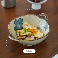 일본 스타일 꽃 무늬 수프 그릇 Underglaze 700ML 세라믹 더블 귀 내구성 홈 주방 깊은 도자기 식기, 01 7.5인치