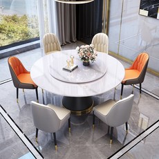 巖闆餐桌椅組閤圓形輕奢圓桌，現代簡約飯店家用大小戶型帶轉盤飯桌餐桌椅組閤，會客桌椅, 配升級款椅子（岩板花紋備註，默認雪山白）,1.3米一桌6椅（送轉盤）