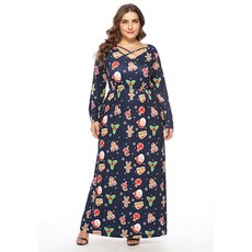 야옹야옹V 목 긴 소매 발목 길이 여자 드레스 플러스 크기 맥시 드레스 여성 탄성 허리 크리스마스 프린트 드레스, 짙은 남색, XXL 사이즈