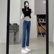 임산부 팬츠 봄 가을 하이웨이스트 청바지 기질 슬랙스 9부 일자 데님 팬츠 ZZL