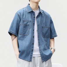 ANYOU 여름 남성 데님셔츠 캐주얼남성 반팔티 루즈핏 빅사이즈 데님 코트