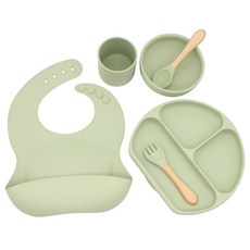 速賣通熱銷款6件套嬰兒圍兜餐圓碗勺叉分格餐盤輔食硅膠餐具套裝
