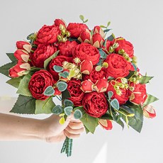 화예원 생화같은 리얼 작약 성묘 조화 꽃다발 셀프 웨딩 촬영 소품 부케 부쉬, 레드, 5개 레드, 5개