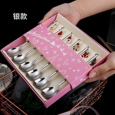 不銹鋼聖誕餐具勺子 咖啡攪拌勺 甜品勺, 1個, 銀色 盒裝, 銀色