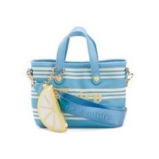 Juicy Couture Paradise 미니 토트백 블루 및 내추럴 스트라이프 캔버스 레몬 참 크로스바디 스트랩 26.7 x 17.8cm(10.5 쥬시꾸뛰르 26440