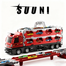 SUUNI 대형 변신 트럭 다기능 주행로 레이싱 카 장난감 수납 세트 금속 미니카 16대 어린이 생일 선물 추천, 1개, 레드