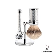 CONQUEST 德國 MUHLE 穆勒 R41頂級修容三件組 (手動刮鬍刀、獾毛刷、刀架)，男士刮鬍首選, 1個, 1