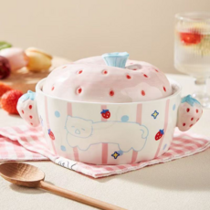 캐릭터 스타일딸기고양이그릇 손잡이그릇 고급도자기 그릇세트, 핑크, 1개