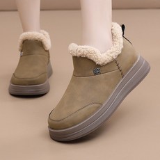 冬季女款保暖雪地靴，防滑耐磨皮革短靴，舒適百搭豆豆鞋, 卡其