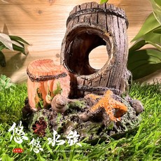 【悠悠兩棲爬蟲特寵店】魚缸造景橡木桶 水族箱裝飾 爬蟲箱躲避, 1個, 海星像木桶_9.5*5.5*6cm