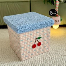 보관함 다용도 수납함 접이식 패브릭, 핑크 체크 블루 뚜껑 체리