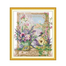 쿠쿠스토어 꽃이 가득한 창틀 크로스 스티치 키트 14ct 카운트 인쇄 캔버스 자수 바느질 작업, 03 11ct unprint canvas
