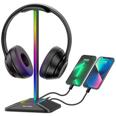New Bee RGB 조명이 있는 헤드폰 스탠드 USB-C 및 USB 충전 포트가 있는 견고한 알루미늄 게이밍 헤드셋 홀더 모든 헤드폰 사이즈를 위한 안정적인 데스크탑 이어, New Bee RGB 조명이 있는 헤드폰 스탠드, US