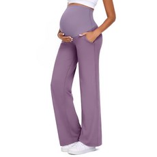 Summer Mae 임산부용 바지 복부 위 임산부 요가 바지 포켓 포함 스트레치 캐주얼 라운지 와이드 레그 바지 업무용 퍼플. XL