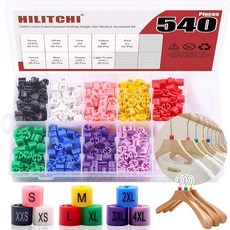 Hilitchi 540피스 [XXS - 4XL] 옷걸이 사이즈 색상 코딩 의류 마커 모음 키트 9가지 보관 상자 포함