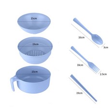 桃園發運 小麥秸稈餐具 泡麵碗帶蓋餐具 大號碗筷學生上班族便攜飯盒套裝, （北歐藍）六件套+濾湯器, 1個