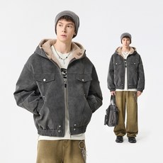 連帽寬鬆工裝棉外套 - 韓版潮流仿麂皮加厚保暖短款棉服