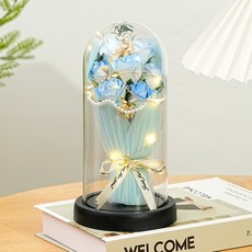 꽃다발 플라스틱 돔 장미꽃 LED 무드등 기념일선물 인테리어, 1개, 파란색