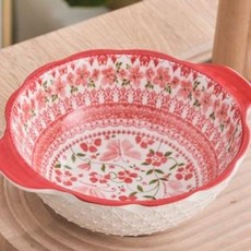 시리얼볼 팝콘 감자튀김 세라믹 레트로 디저트볼, 1개, 플로럴 더블 핸들 그릇