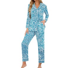 KCW 여성용 잠옷 세트 실크 라운지 2피스 Pj 새틴 긴/반소매 버튼 다운 슬립웨어 의상, Long Sleeve Mist Blue, Medium