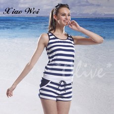 泳之美 經典藍白條紋二件式連身褲泳裝 (M-XL) 小薇的店, XL