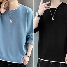 AOKADA 1+1 남성 봄 가을 루즈핏 라운드 와플 솔리드 맨투맨 티셔츠