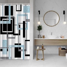 Baocicoo 모던 기하학 샤워 커튼 세트 블랙 화이트 블루 욕실 사각형 추상 미니멀리즘 목욕 방수 내구성 후크 포함 91.4 x 182.9cm(36 72인치)