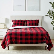 AMAZON BASICS 3피스 다운 대체 마이크로밍크 부드럽고 차콜 세탁기 따뜻한 사용 가능 이불 셰르파 세트 침구 사계절용 매우, Full/Queen, 레드 체크 무늬