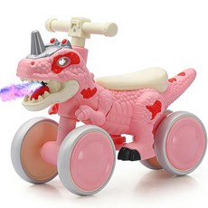 NMM 아기 공룡 밸런스 바이크 1 2 3세 유아용 공룡 라이드 온 장난감 자동차 LED 조명 음악 및 미스트 스프레이 효과가 있는 4륜 보행기 스쿠터 남아 및 여아, 핑크