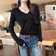 V넥 긴소매 여성용 티셔츠 봄 슬림핏 이너웨어 상의