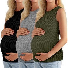 [ 1111858 ] 니어 3팩 여성용 골지 임산부 탱크탑 민소매 주름 장식 사이드 크루넥 티셔츠 기본 엄마 의류 아미 그린 연회색 검정 XL