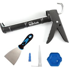 Leikius 코킹 건 키트는 흘러내림 방지 실리콘 도구 실런트 주방 욕실 싱크대 조인트용 그라우트 스크레이퍼 선물 상자 포함 10온스 튜브 파란색 2072066, Black-siliver