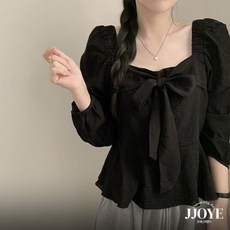 쪼예 스퀘어넥 오프숄더 밴딩 쉬폰 리본 긴팔 블라우스