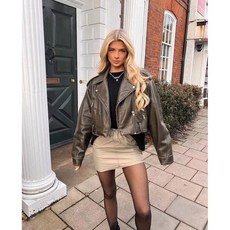 2025년 석탄 회색 스타일 여성용 워싱 가죽 재킷 (벨트 포함) 다운그레이드 지퍼와 빈티지 라펠이 있는 숏 코트, Army green, XS（old）