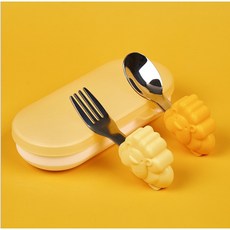 奶油獅316不鏽鋼學習湯叉組(送收納盒)，可愛造型，安全材質，幫助寶寶學習自主進食, 1個, 陽光奶油黃
