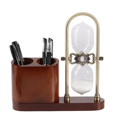 復古沙漏筆筒 辦公室桌面裝飾品 木質雙筆槽仿古金屬文具收納, 白沙+30分鐘