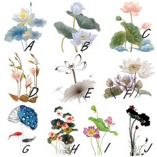 의류 전사지 수채화 연꽃 모티브 의류 커스텀 열접착 리폼 패치, 1개, C