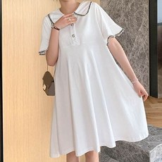 화이트 둥근카라 퍼프 루즈핏 원피스 데일리 임부복 puu+82209Cl