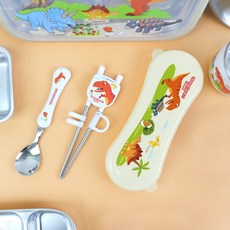 키친유 티라노 국내생산 스텐 304 1단계 젓가락 수저 케이스 세트 어린이집 공룡 캐릭터 아동용 유아 숟가락, 화이트+노랑, 1개, 수저1p+젓가락1p+케이스1p