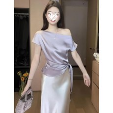 여성 셔링 오프숄더 새틴 블라우스 실크룩 반팔 파티 상의