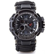 EMAK 밀리터리 워치 IP68방수 캠핑 하이킹 등산 서바이벌시계 온도계 나침반 로프 생존기능 시계, 1개, 블랙