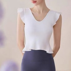 Makone 여성 브이넥 솔리드 요가복 나시 프릴 패치 필라테스 트랜드 심플 런닝 피트니스 웨어