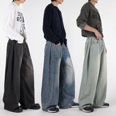 오버나인 남자 남성 사이드 핀턱 벌룬 와이드 데님 팬츠 바지