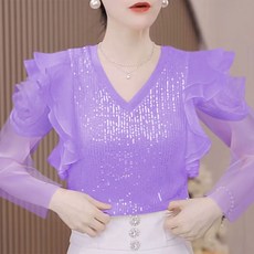 페이준 여성 브이넥 스팽글 숏 빅사이즈 슬림 블라우스 댄스복 공연 의상 YJ2117