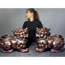 木雕獅子擺件一對，居家裝飾, 黑檀