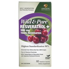 GENCEUTIC NATURALS 野生純白藜蘆醇+ 500mg 素食膠囊, 1個, 60 件